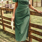 One-Shoulder Gathered Detail Slit Dress