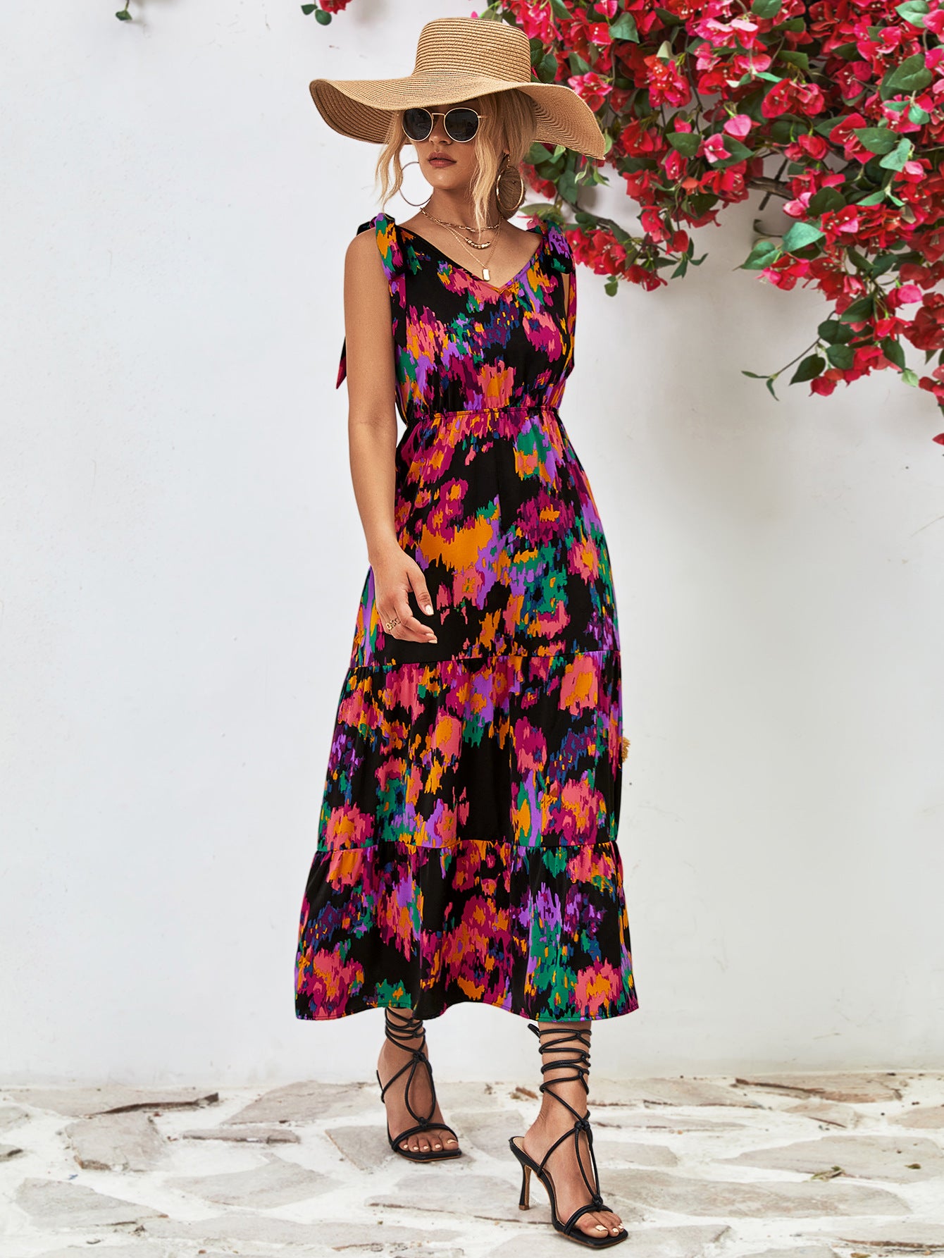 Abstract Floral V-Neck Backless Midi Dress