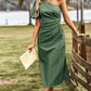 One-Shoulder Gathered Detail Slit Dress