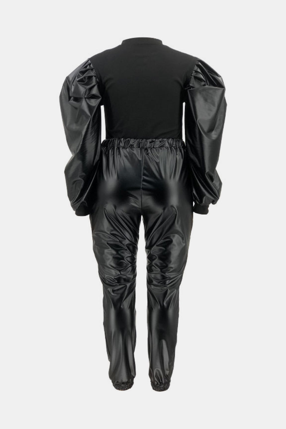 Puff Sleeve Spliced Top and Drawstring Waist Joggers Set