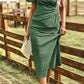 One-Shoulder Gathered Detail Slit Dress