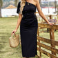 One-Shoulder Gathered Detail Slit Dress