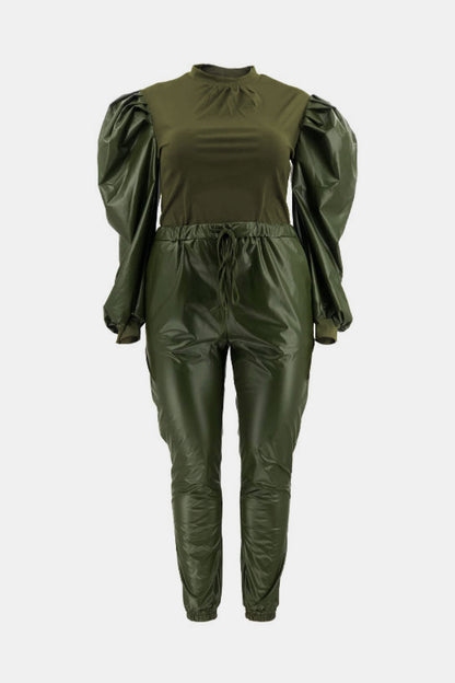 Puff Sleeve Spliced Top and Drawstring Waist Joggers Set