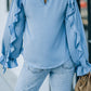 Ruffled Sleeve Frill Neck Gathered Detail Blouse