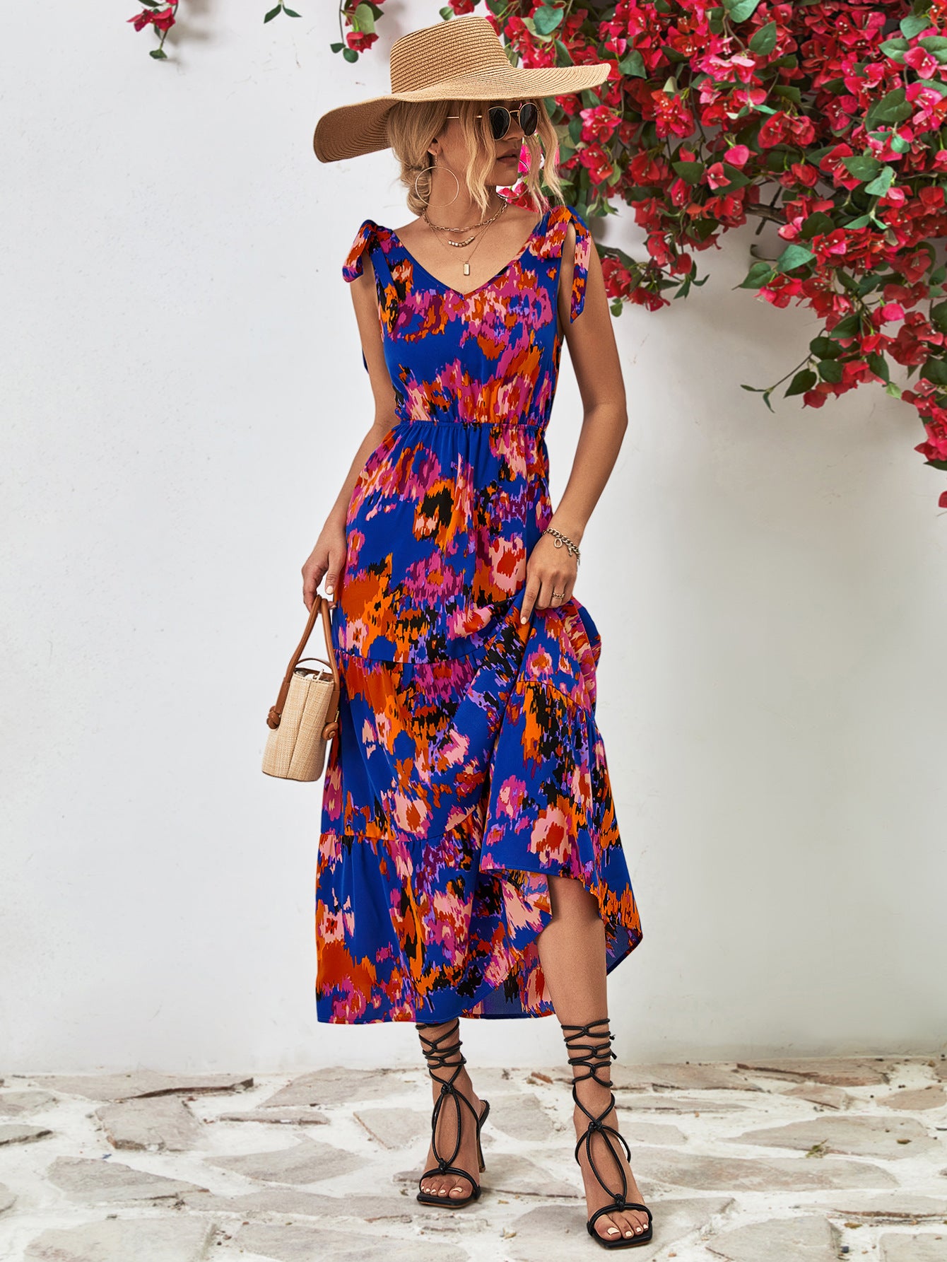 Abstract Floral V-Neck Backless Midi Dress