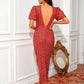Sequin Puff Sleeve Slit Midi Dress