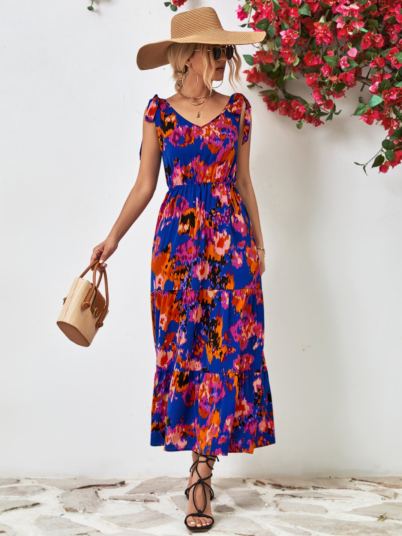 Abstract Floral V-Neck Backless Midi Dress