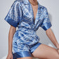 Printed Button Front Top and Paperbag Shorts Satin Set