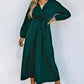 Belted Surplice Balloon Sleeve Pleated Dress