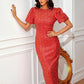 Sequin Puff Sleeve Slit Midi Dress