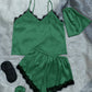 Lace Trim Cami, Shorts, Eye Mask, Scrunchie, and Bag Pajama Set