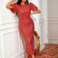 Sequin Puff Sleeve Slit Midi Dress