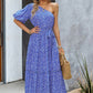 Printed One-Shoulder Tie Belt Maxi Dress