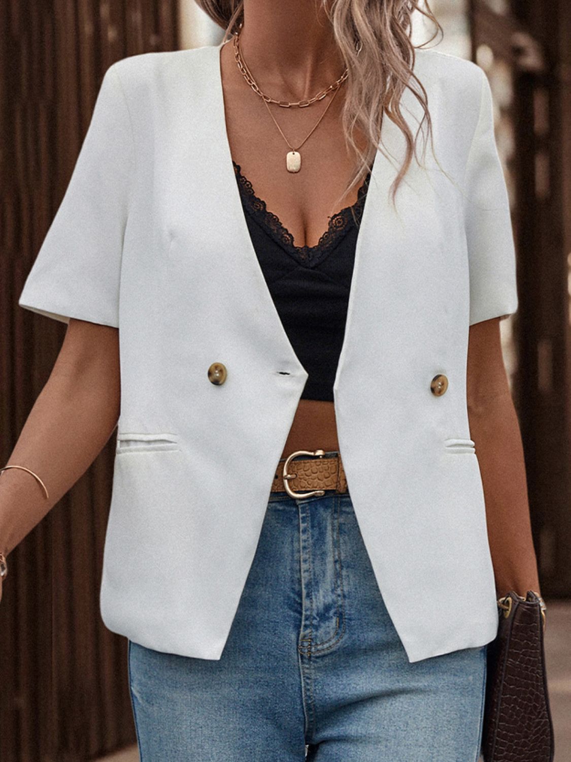 Sage Two-Button Short Sleeve Pocket Blazer