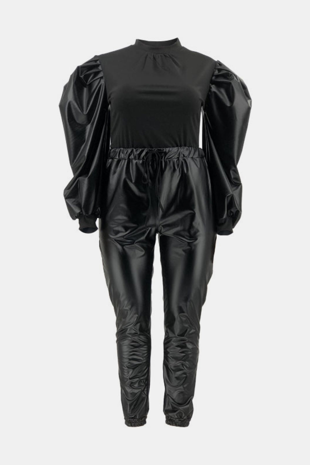 Puff Sleeve Spliced Top and Drawstring Waist Joggers Set