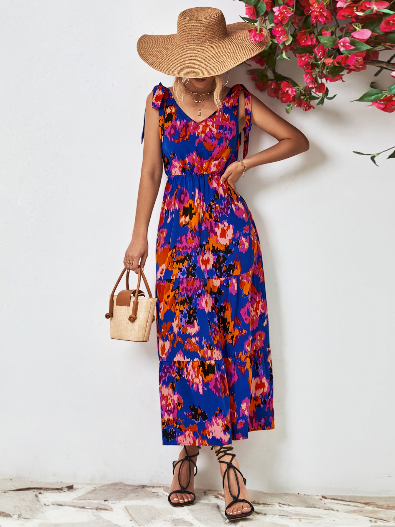 Abstract Floral V-Neck Backless Midi Dress