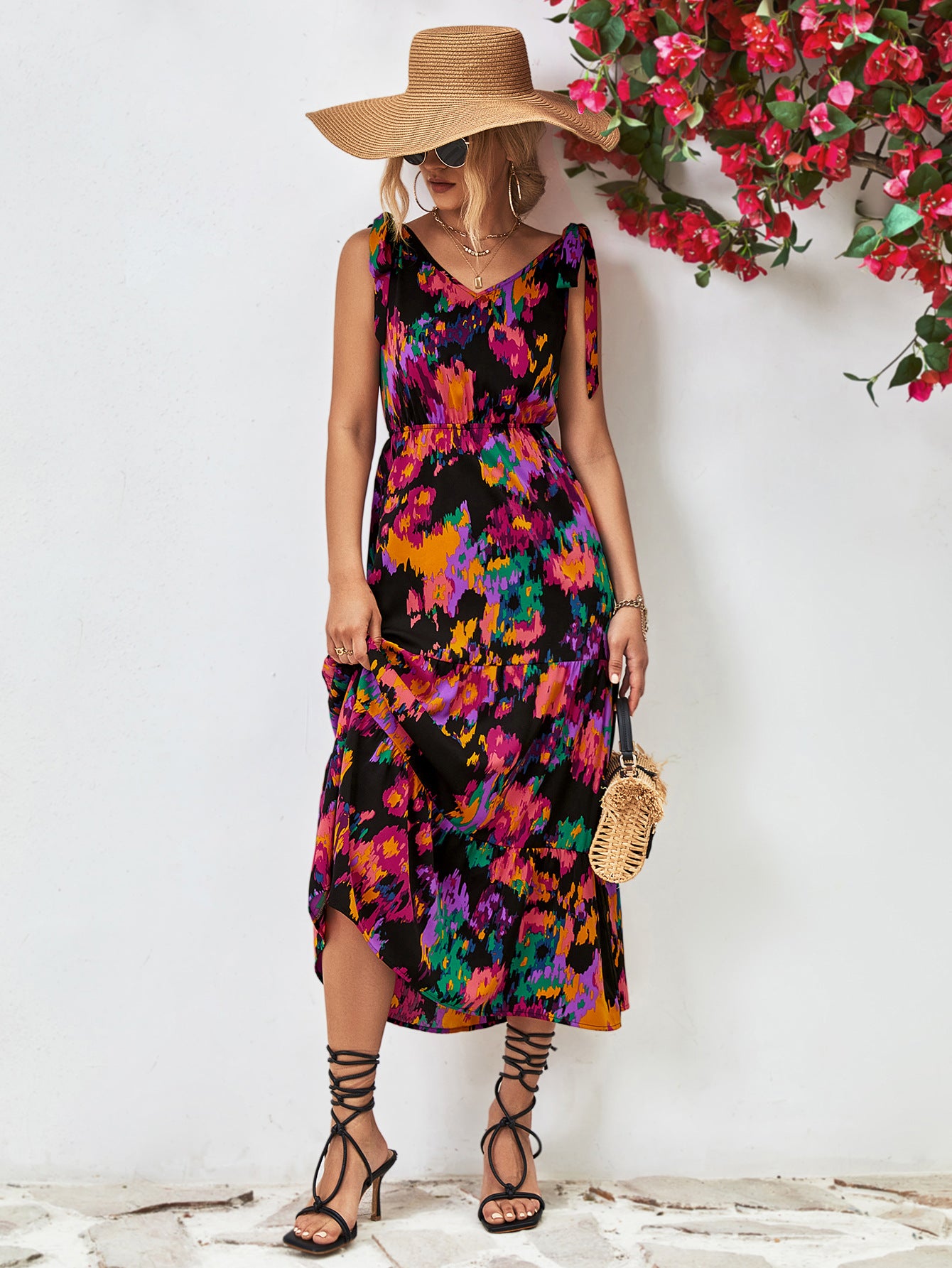 Abstract Floral V-Neck Backless Midi Dress