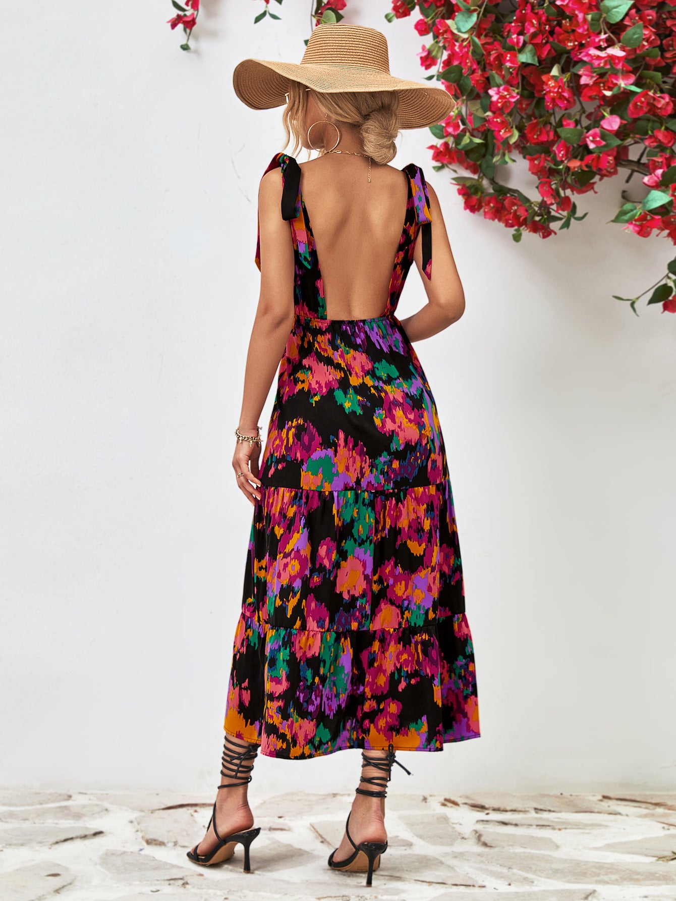 Abstract Floral V-Neck Backless Midi Dress