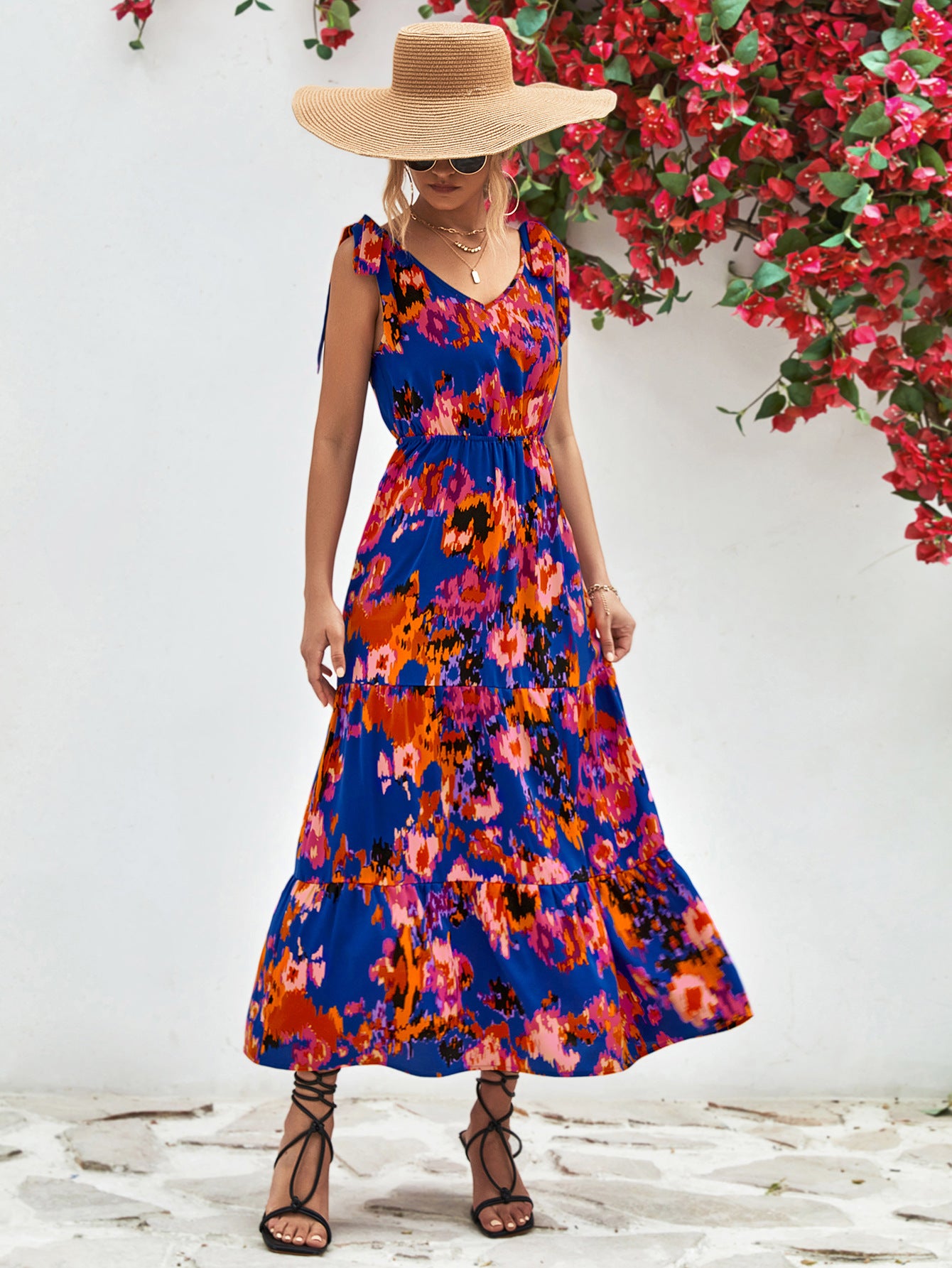 Abstract Floral V-Neck Backless Midi Dress